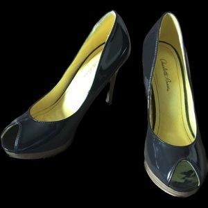 NIB chocolate brown patent peep-toe heels!